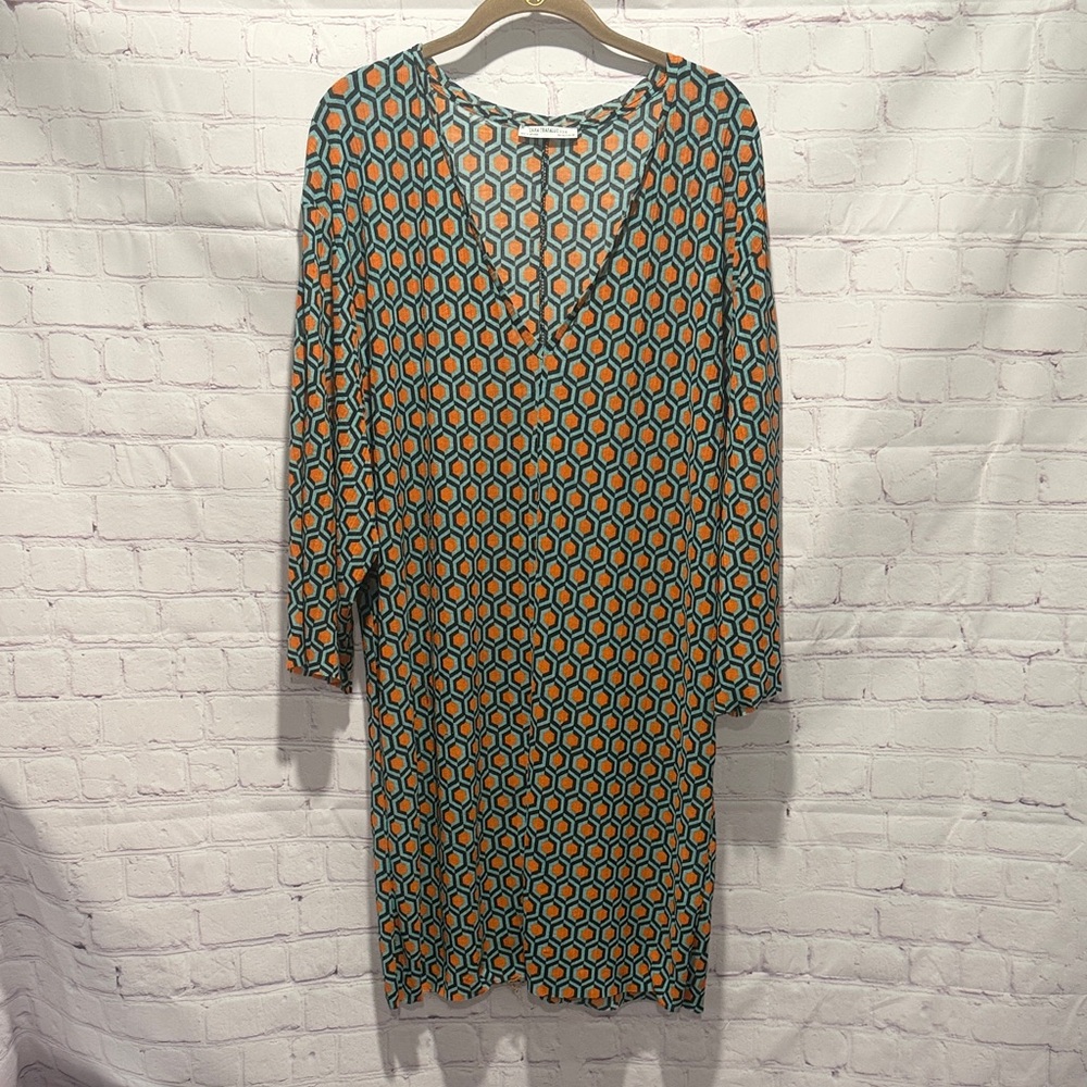 Zara Blue, Navy, and Orange Geometric Long Sleeve Cover Up Dress Woman’s Size 8